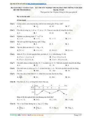 Đề thi tham khảo Tốt nghiệp THPT môn Toán năm 2020 - Bộ giáo dục và đào tạo (Có đáp án)